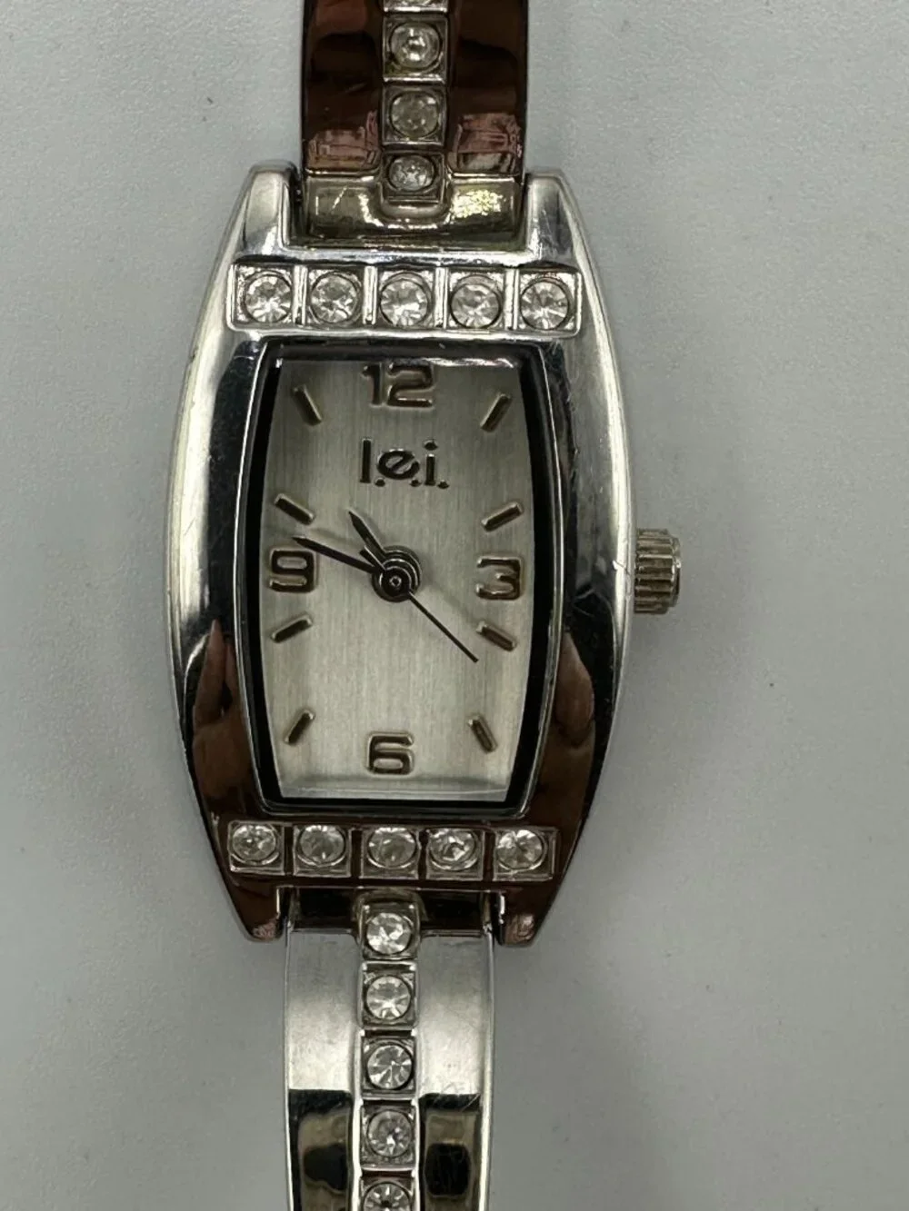 3/$30 L.E.I. Watch Women Silver Tone Barrel Case Rhinestone Accents 7
